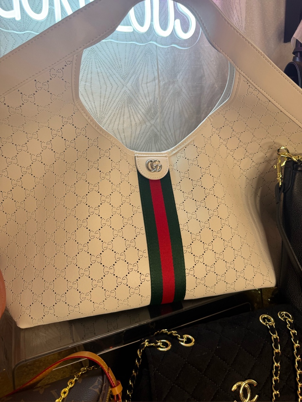 White inspired Perforated Leather Tote with Green and Red Stripe